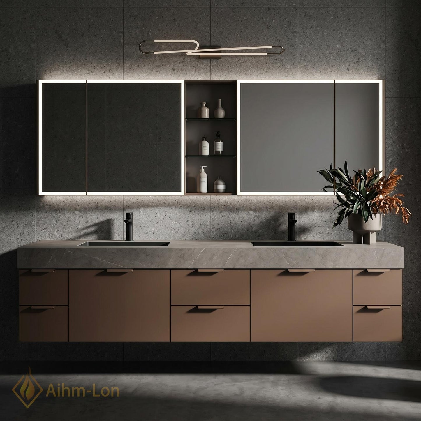 70''-96'' Modern Floating Bathroom Vanity with Sink Open Mirror Matte Taupe Finish