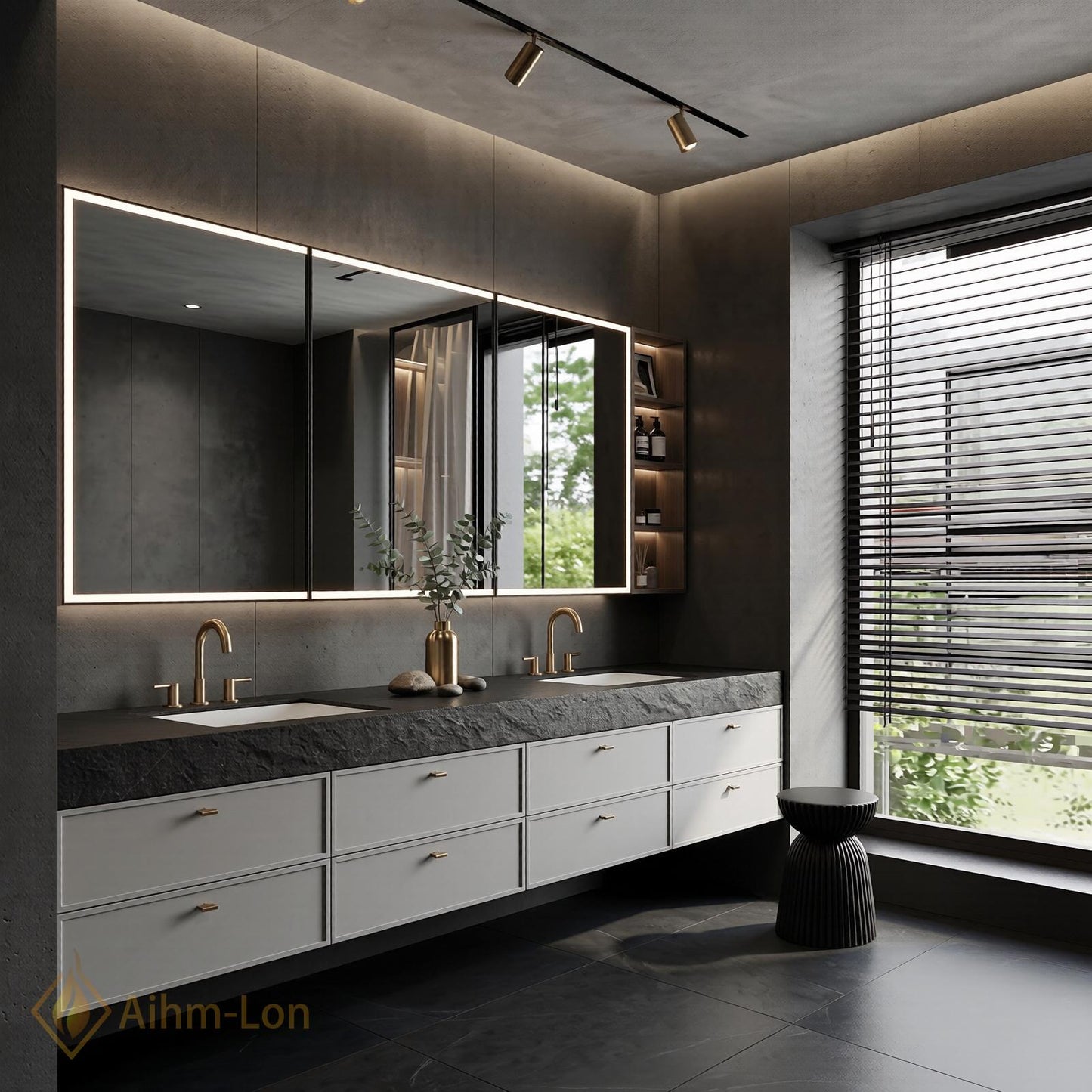 60''-96'' Double Bathroom Vanity with Sink Dark White Modern Floating Stone-Top