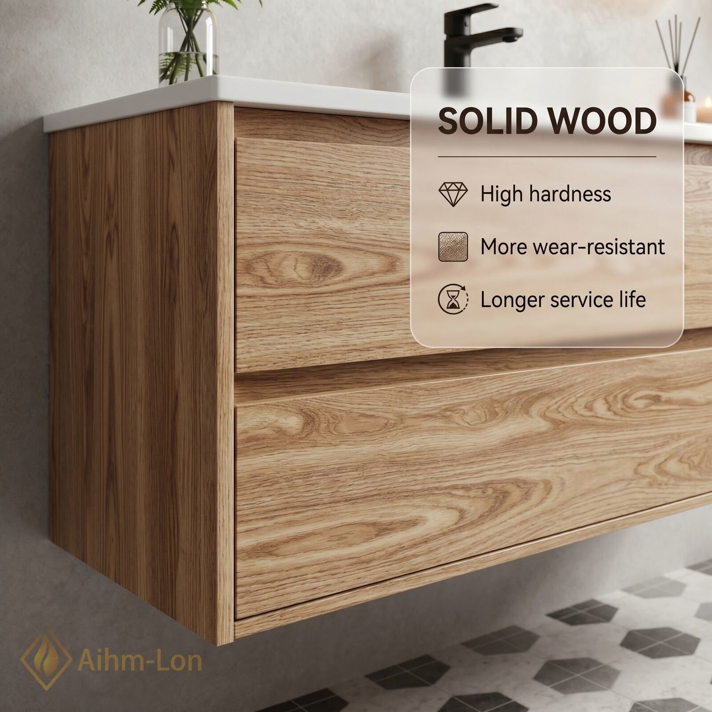 36''-64'' Floating Bathroom Vanity with Sink Warm Wood Grain White Integrated Mirror