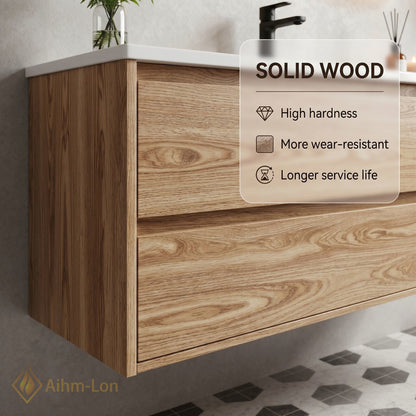 36''-64'' Floating Bathroom Vanity with Sink Warm Wood Grain White Integrated Mirror