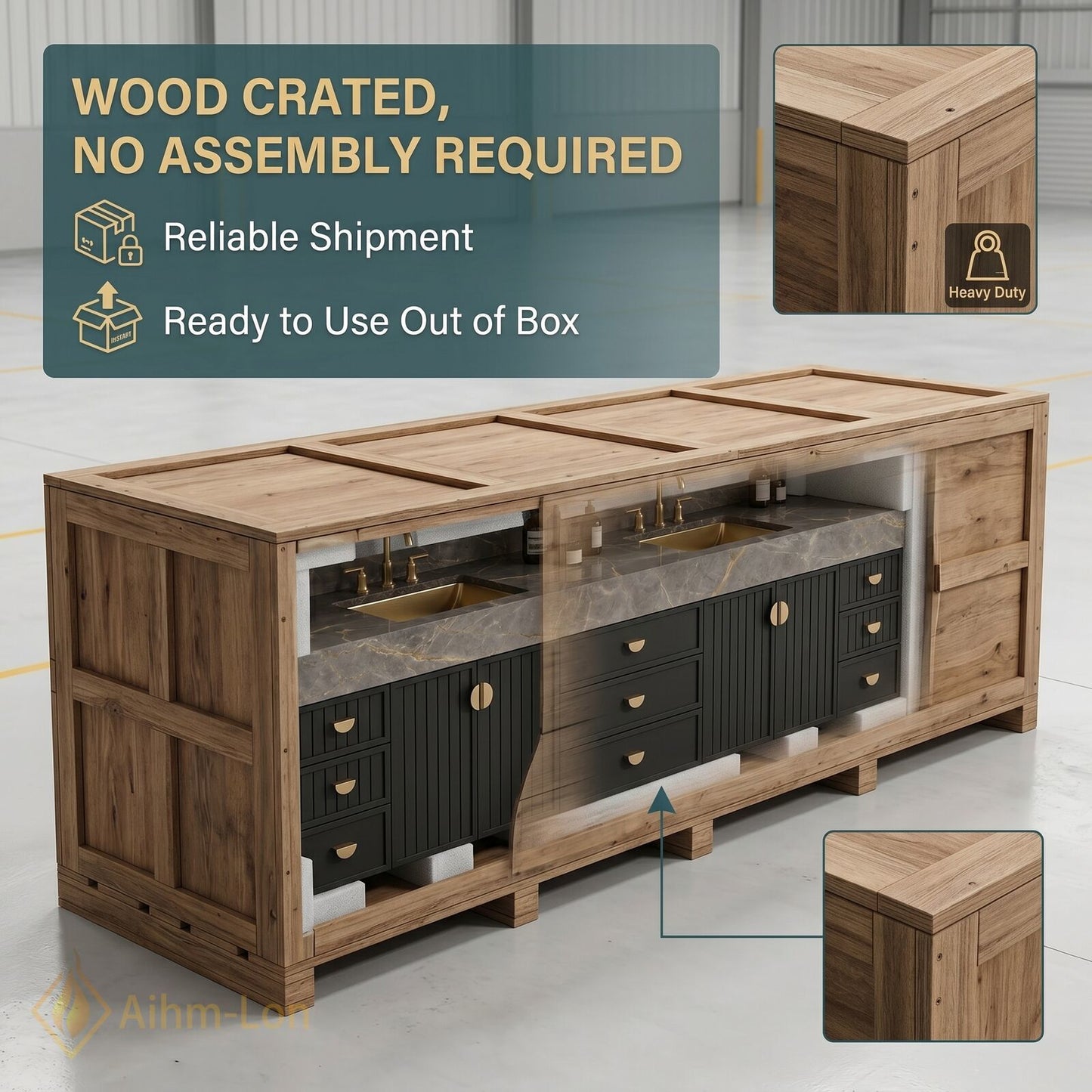 76''-96'' Double Bathroom Vanity with Sink Modern Solid-Wood Wood-Grain Marble-look Stone-Top Drawer-Storage