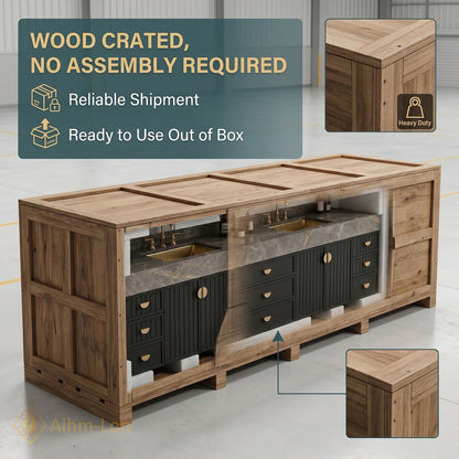 76''-96'' Double Bathroom Vanity with Sink Modern Solid-Wood Wood-Grain Marble-look Stone-Top Drawer-Storage