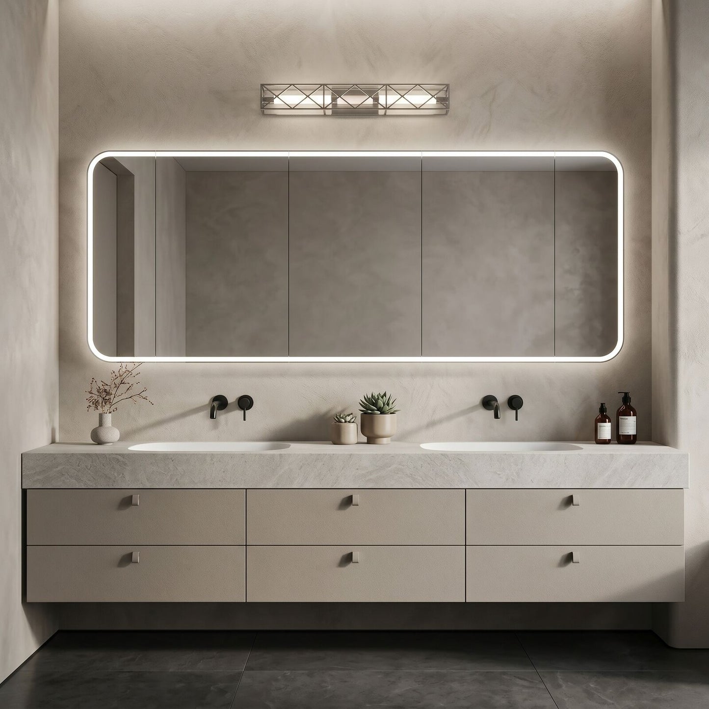 60''-96'' Double Bathroom Vanity with Sink Stone Look Marble Frameless Mirror Drawer Cabinet
