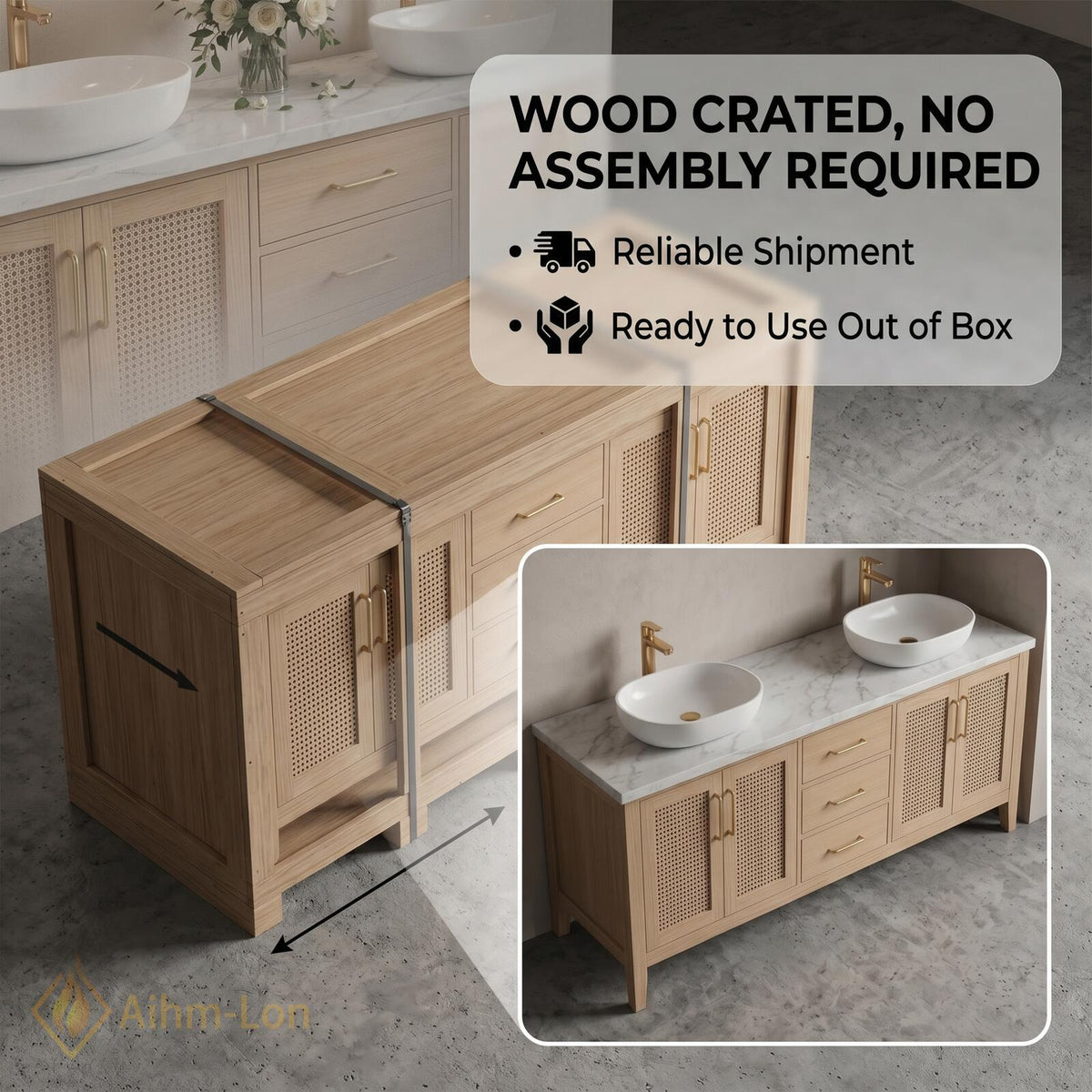 60''-96'' Double Bathroom Vanity with Sink Rattan Fronts Light Oak Frame Storage