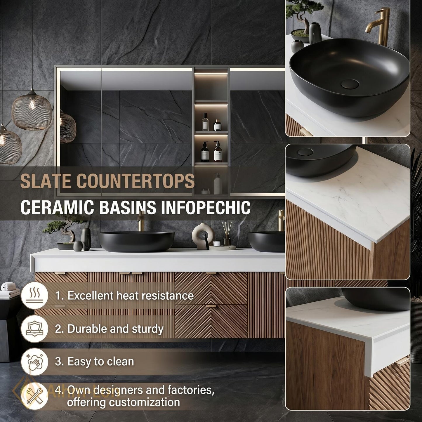78''-96'' Modern Bathroom Vanity with Sink Floating Dark Wood Slatted Mirror Cabinet