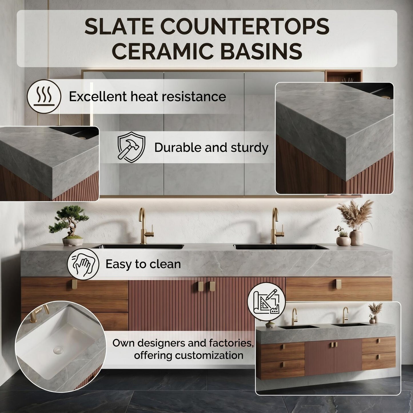 60''-96'' Modern Bathroom Vanity with Sink Double Sink Slatted Warm Walnut Side Shelving Cabinet