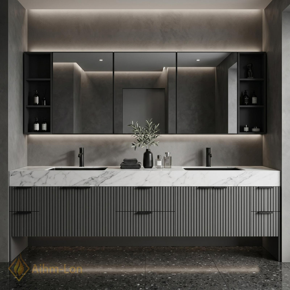 60''-96'' Bathroom Vanity with Sink Modern Floating 2 Slat Front Marble Look