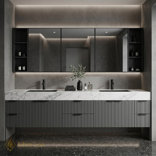 60''-96'' Bathroom Vanity with Sink Modern Floating 2 Slat Front Marble Look