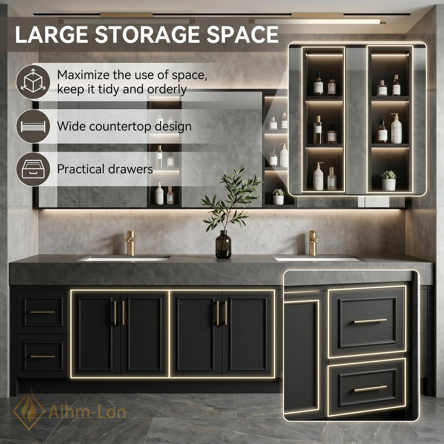 72''-96'' Double Bathroom Vanity with Sink Dark Charcoal Modern Panel Doors Mirror