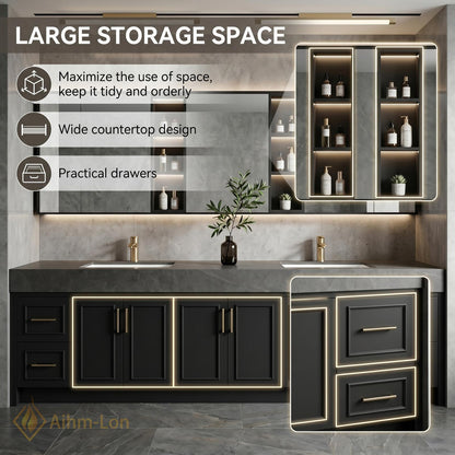 72''-96'' Double Bathroom Vanity with Sink Dark Charcoal Modern Panel Doors Mirror