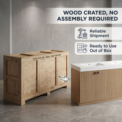 72''-96'' Modern Bathroom Vanity with Sink Double Basin Vertical Slats Solid Stone Cabinet