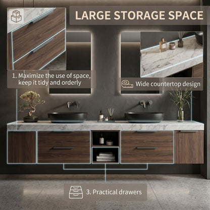 70''-96'' Modern Bathroom Vanity with Sink Floating Wall-Mounted White Marble Top Cabinet