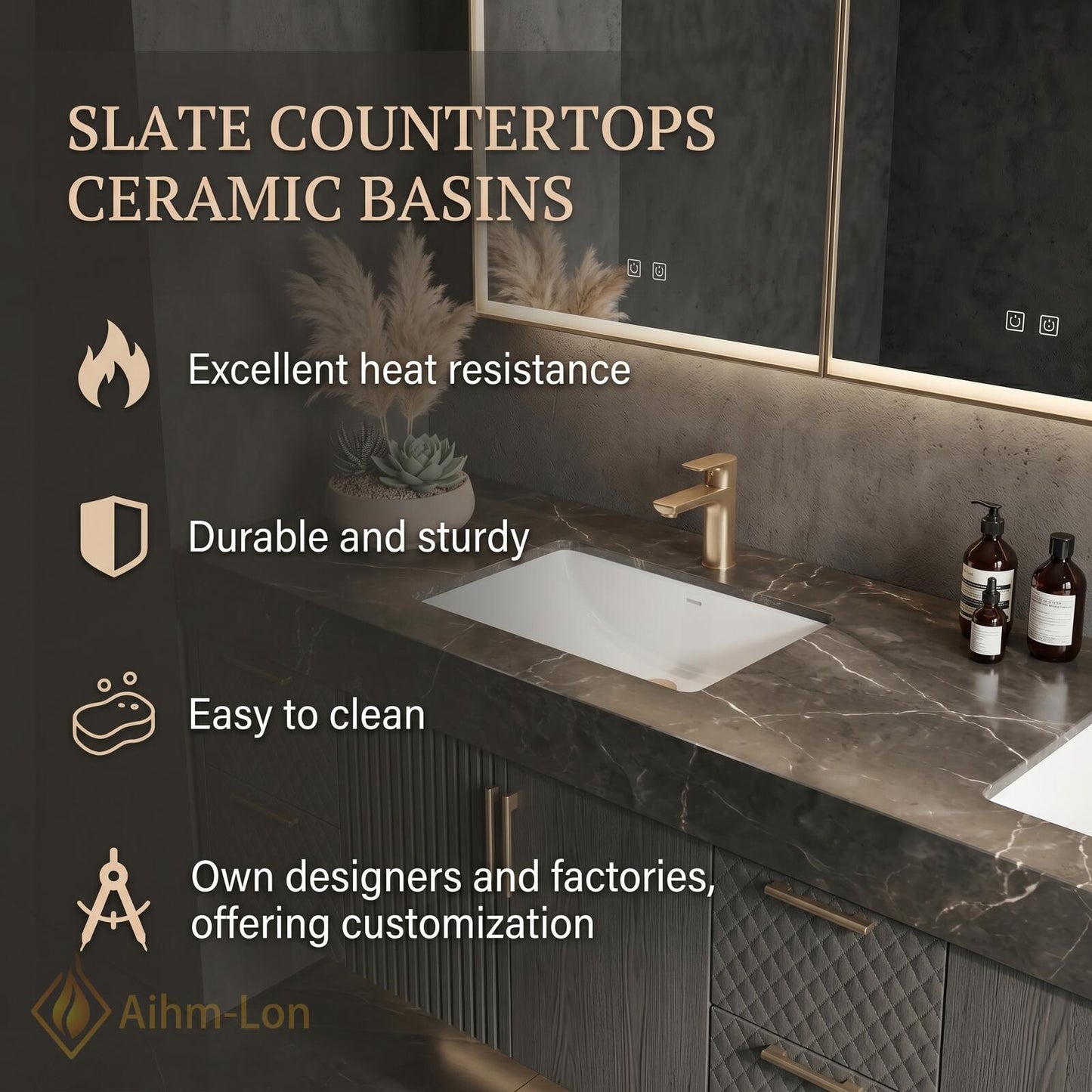 70''-96'' Double Bathroom Vanity with Sink Modern Floating Dark Stone Countertop Textured