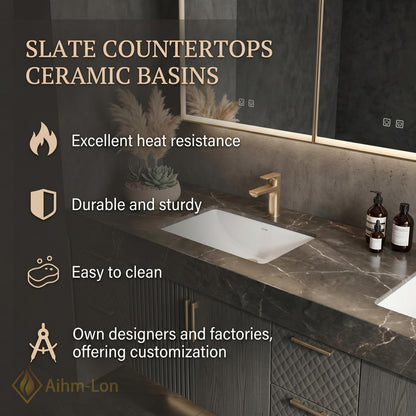 70''-96'' Double Bathroom Vanity with Sink Modern Floating Dark Stone Countertop Textured