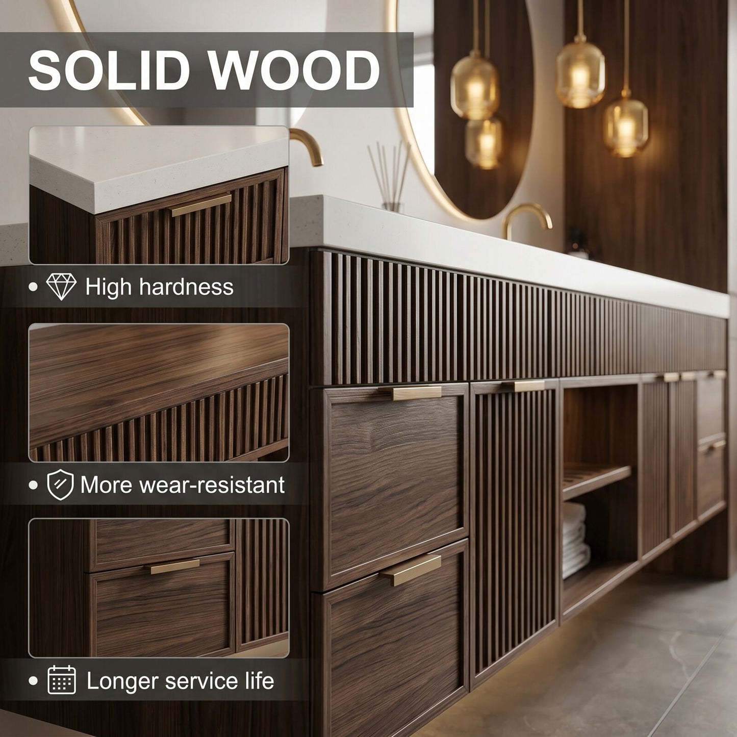 70''-96'' Double Bathroom Vanity with Sink Marble Top Dark Wood Grains Floating Shelf