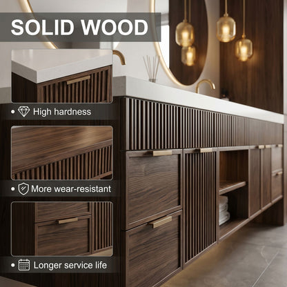 70''-96'' Double Bathroom Vanity with Sink Marble Top Dark Wood Grains Floating Shelf