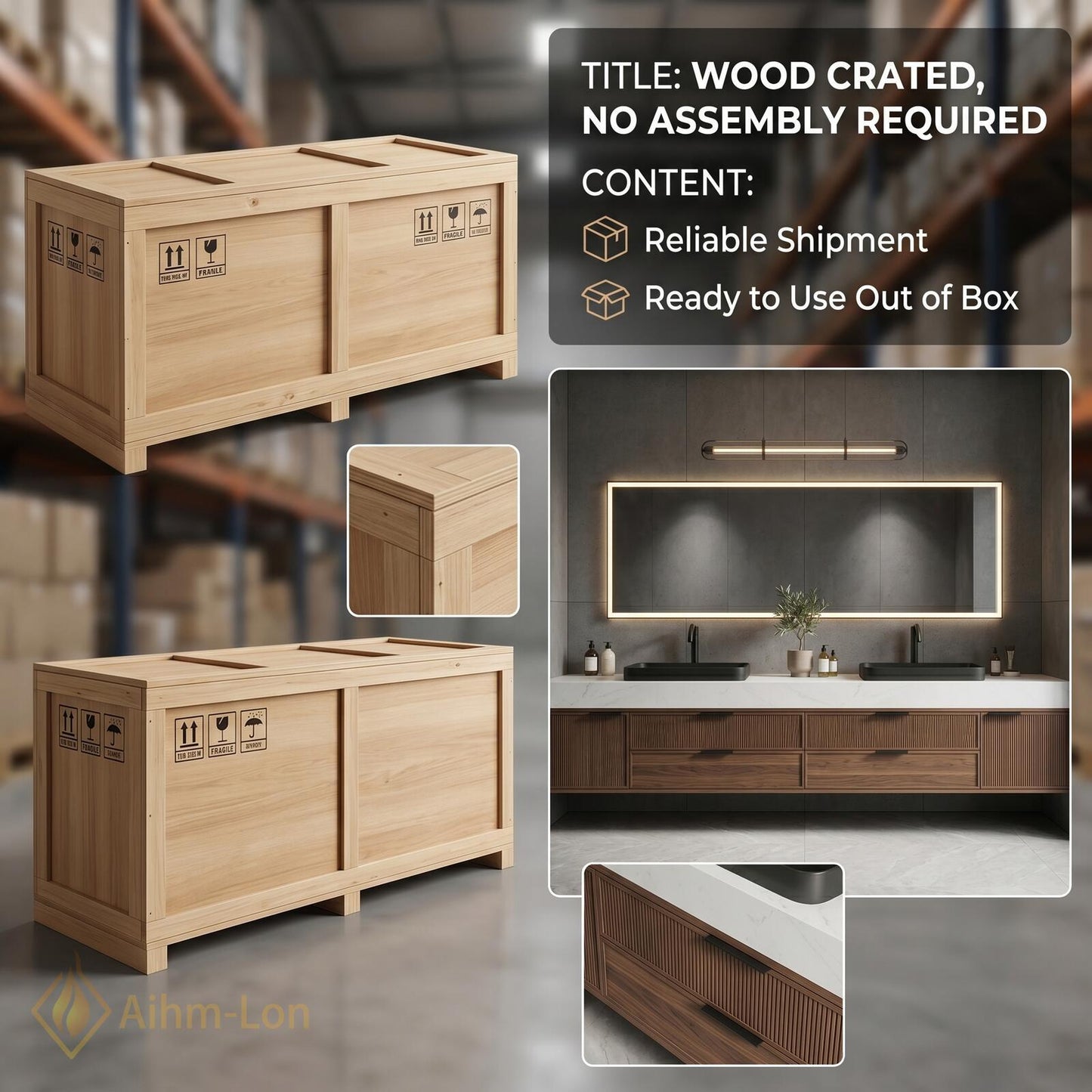 76''-96'' Double Bathroom Vanity with Sink Dark-Walnut Wood Modern Floating Basin