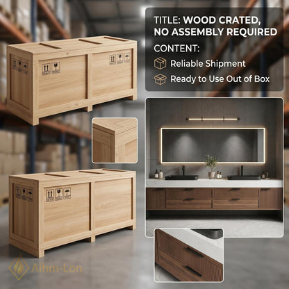 76''-96'' Double Bathroom Vanity with Sink Dark-Walnut Wood Modern Floating Basin