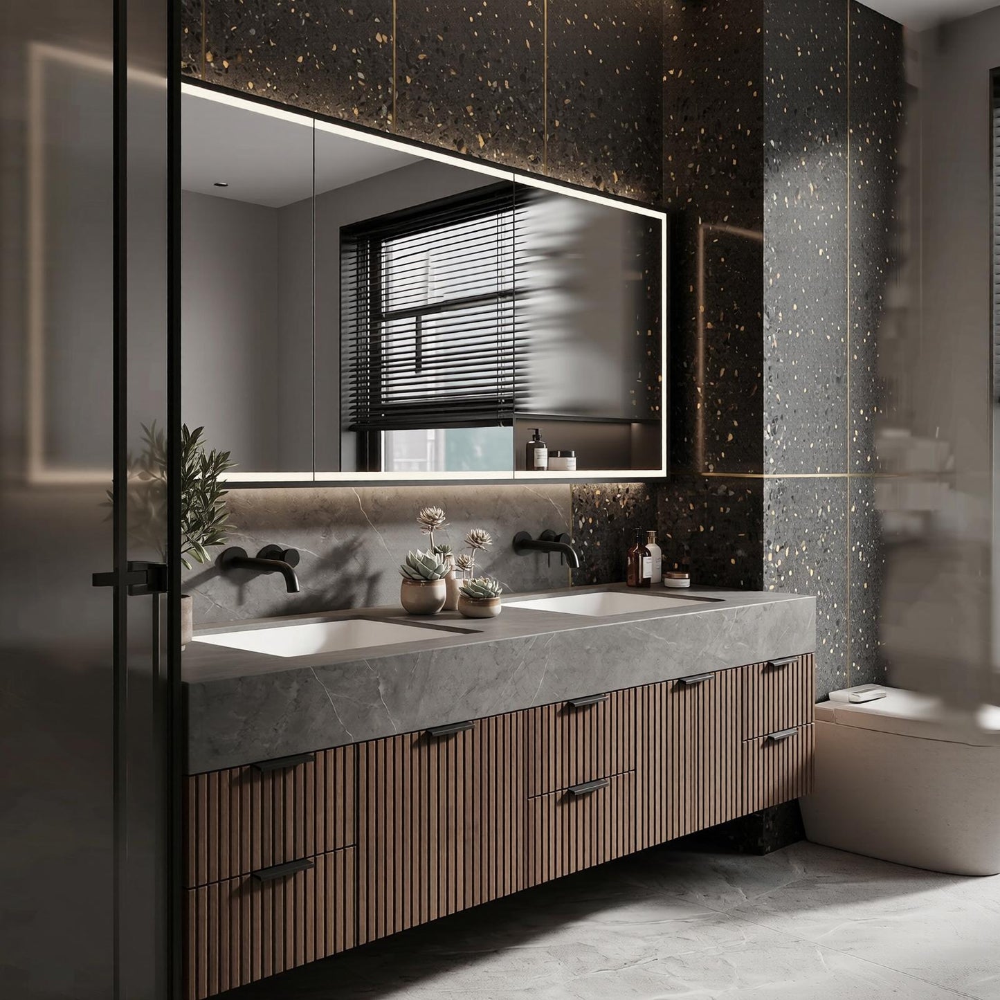 70''-96'' Modern Bathroom Vanity with Sink Double Sink Grey Marble Slatted Wood Cabinet