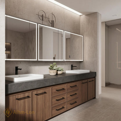 78''-96'' Double Bathroom Vanity with Sink Dark Stone Slab Walnut Finish Drawers
