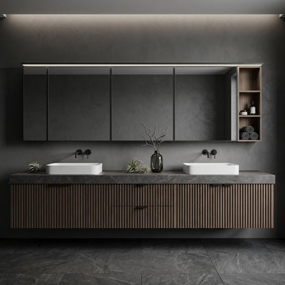 70''-96'' Modern Bathroom Vanity with Sink Dual Sinks Slatted Wood Dark Finish Mirror Cabinet