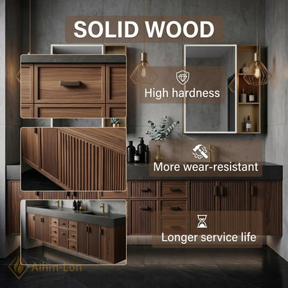 60''-96'' Double Bathroom Vanity with Sink Dark Walnut Slatted Back Panel Mirror