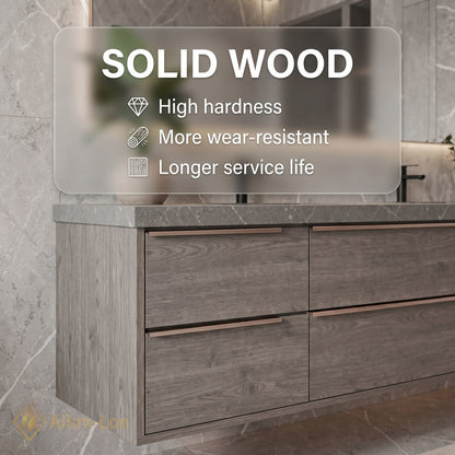 70''-96'' Modern Bathroom Vanity with Sink Floating Dark Wood Grey Stone LED Mirror