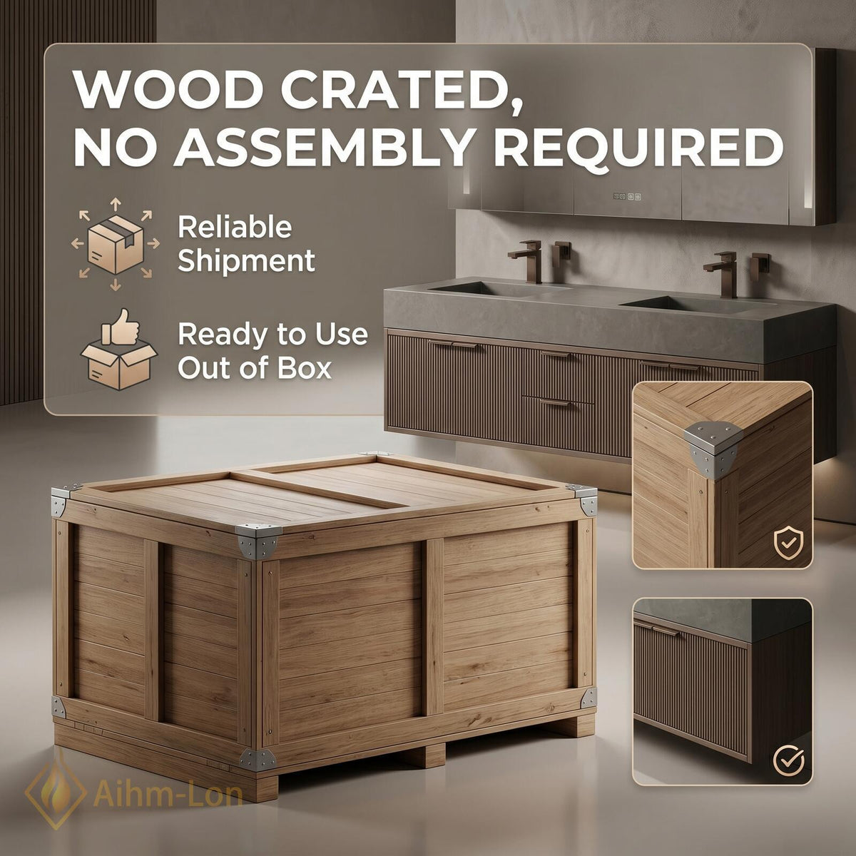 60''-96'' Double Bathroom Vanity with Sink Modern Floating Dark Walnut Slatted Panels