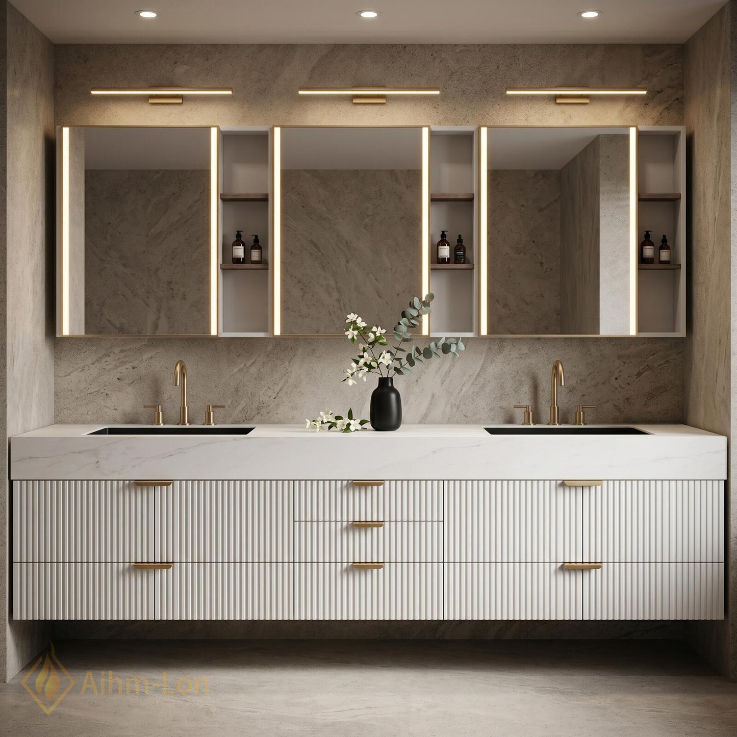 72''-96'' Double Bathroom Vanity with Sink White Modern Floating Panels Marble-Top