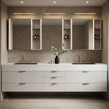 72''-96'' Double Bathroom Vanity with Sink White Modern Floating Panels Marble-Top