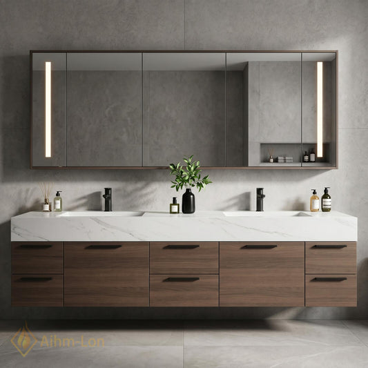 60''-96'' Double Bathroom Vanity with Sink Floating White Marble Dark Wood Drawers