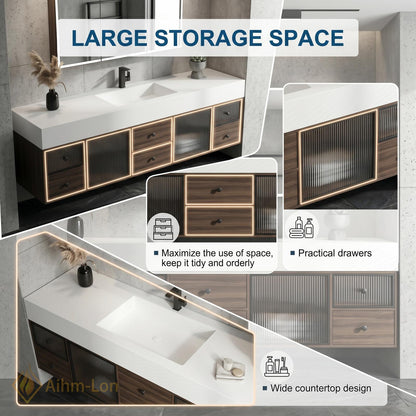 60''-96'' Bathroom Vanity with Sink Floating Slatted Glass Doors White Solid Top