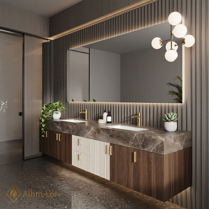 76''-96'' Double Bathroom Vanity with Sink Slatted Side Panels Dark Walnut Finish