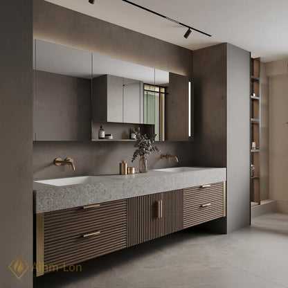 60''-96'' Double Bathroom Vanity with Sink Floating Double Dark Walnut Ribbed Front