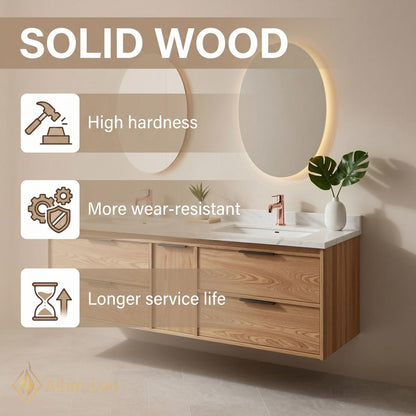 60''-96'' Modern Bathroom Vanity with Sink Floating Oak Marble Oval LED Mirror