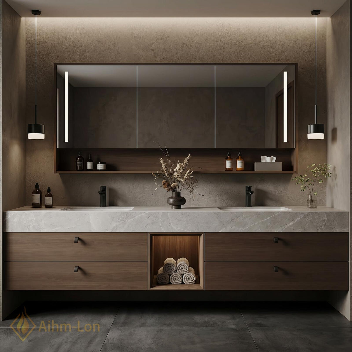 60''-96'' Bathroom Vanity with Sink Floating Vanity Marble Top Dark Wood Wide