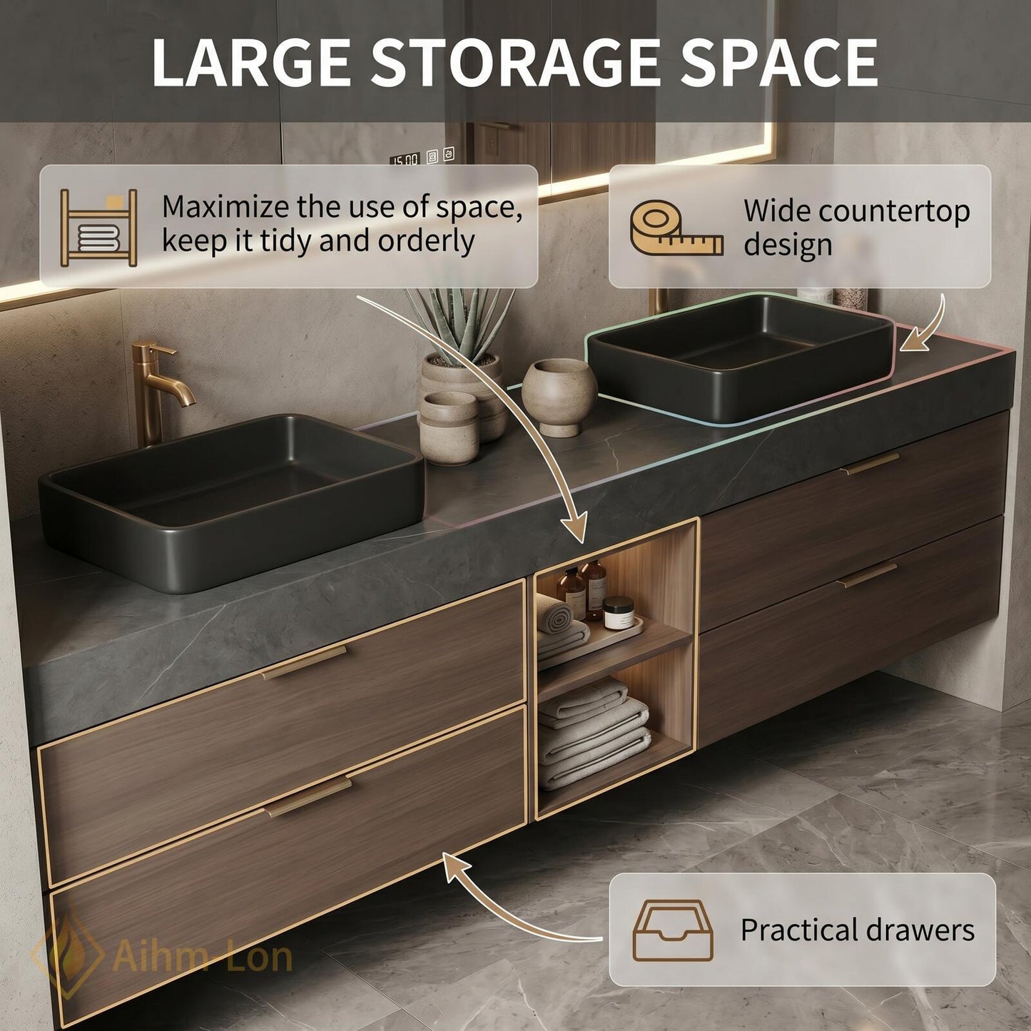 60''-96'' Modern Bathroom Vanity with Sink Dark Walnut Slatted Center Open Shelving