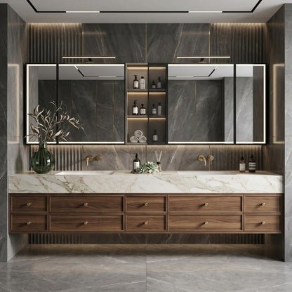 60''-96'' Double Bathroom Vanity with Sink Modern Floating Marble-Style Top Deep Wood Drawers