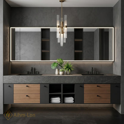 76''-96'' Modern Double Bathroom Vanity with Sink Floating Dark Stone Open Shelving