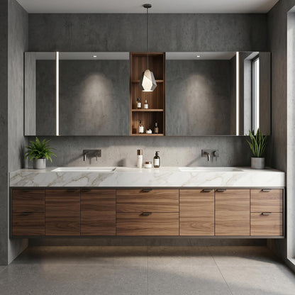 70''-96'' Modern Bathroom Vanity with Sink Double Sink Walnut Finish Slatted Panel Cabinet