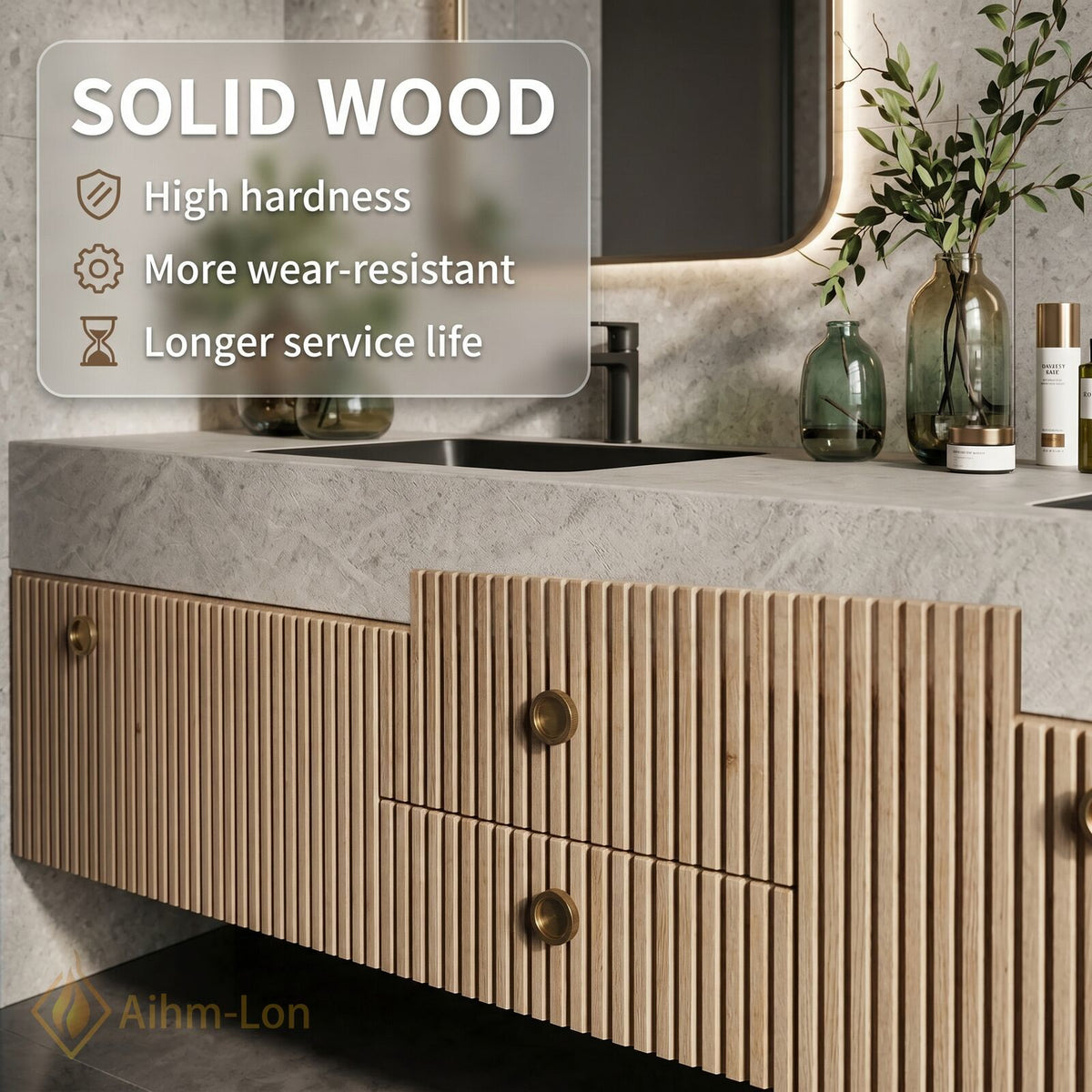 72''-96'' Double Bathroom Vanity with Sink Light Wood Slatted Panels Sleek Design