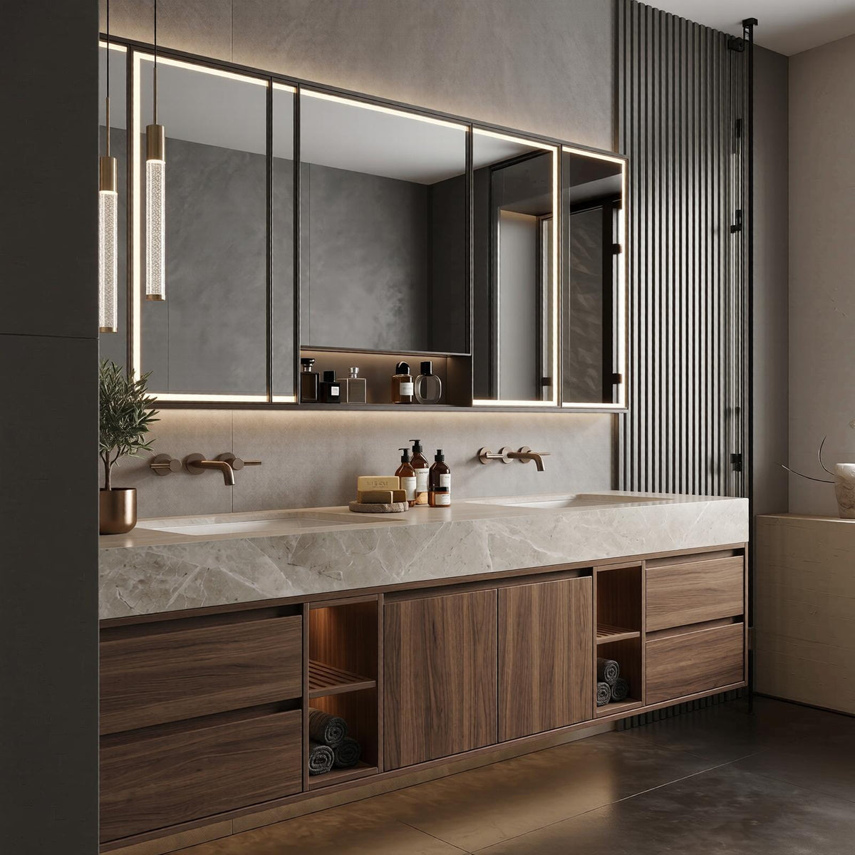 60''-96'' Double Bathroom Vanity with Sink Floating Dark Walnut Slatted Center Open Shelving
