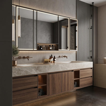 60''-96'' Double Bathroom Vanity with Sink Floating Dark Walnut Slatted Center Open Shelving