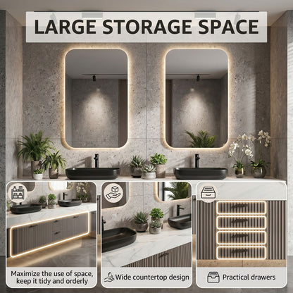 70''-96'' Floating Bathroom Vanity with Sink Double Sink Marble Veined Slatted Front Cabinet