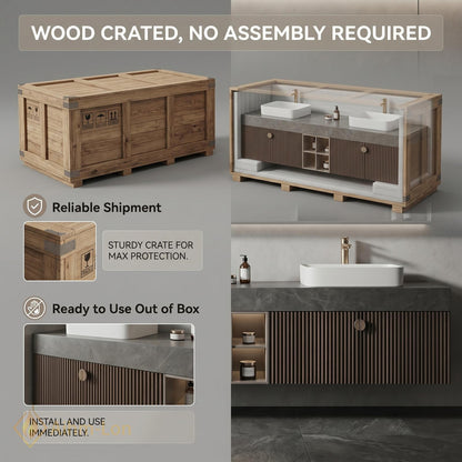 70''-96'' Modern Double Bathroom Vanity with Sink Floating Stone-Effect Vertical Slats Open