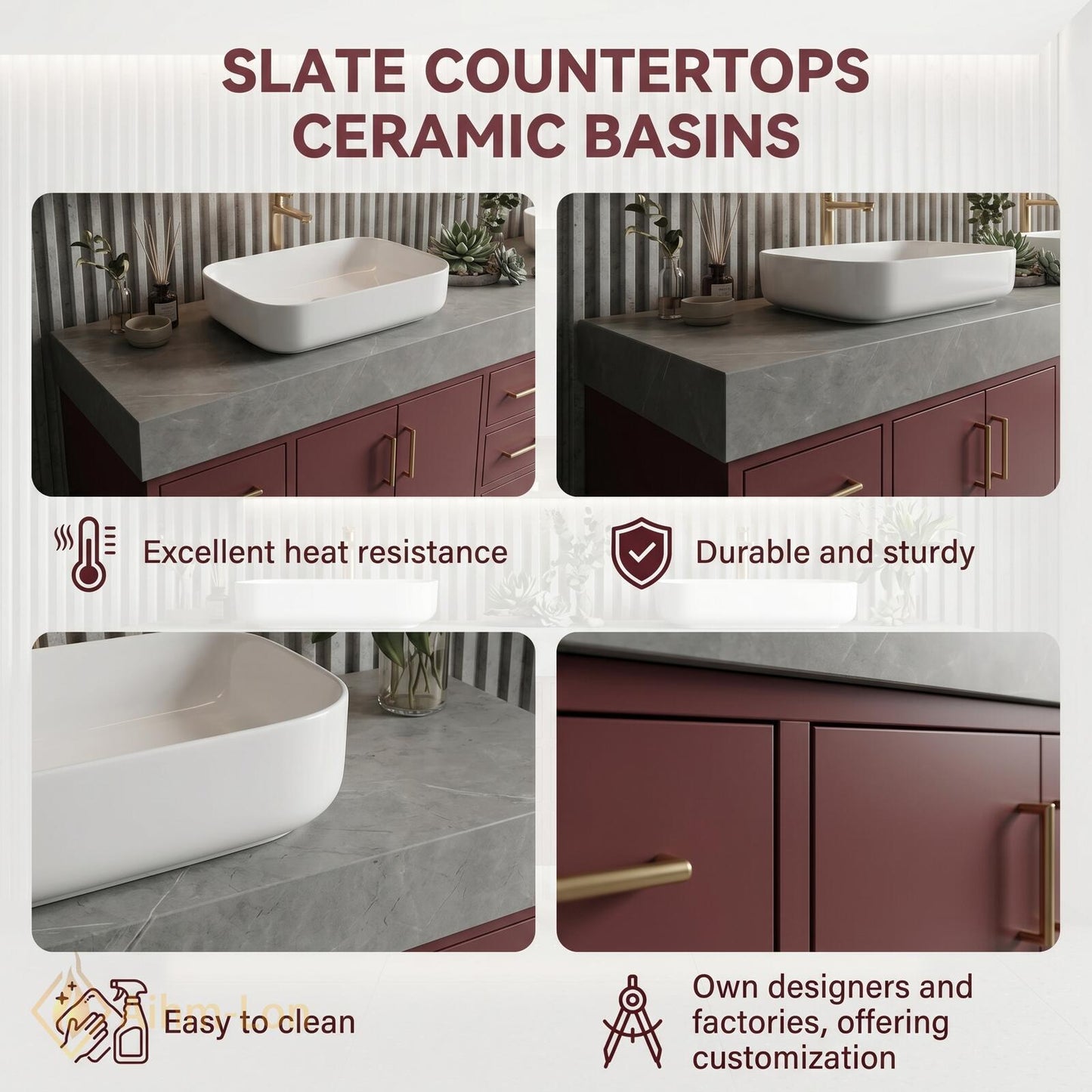 78''-96'' Double Bathroom Vanity with Sink Sleek Matte Burgundy Elegant Drawer Storage