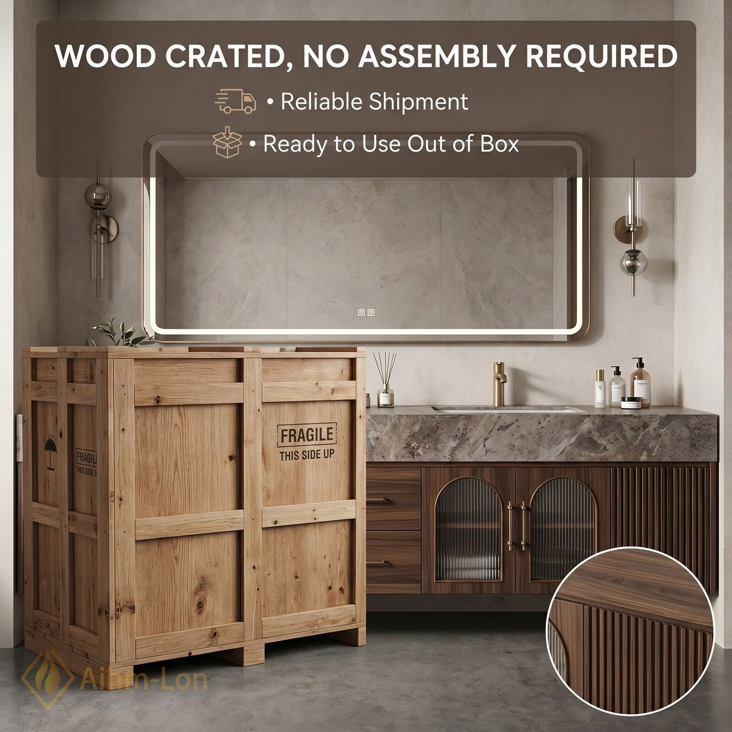 76''-96'' Double Bathroom Vanity with Sink Arched Ribbed Glass Doors Rich Wood