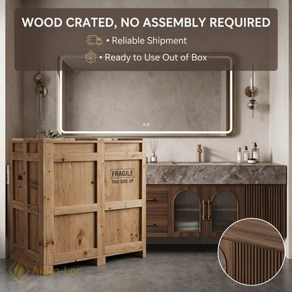 76''-96'' Double Bathroom Vanity with Sink Arched Ribbed Glass Doors Rich Wood