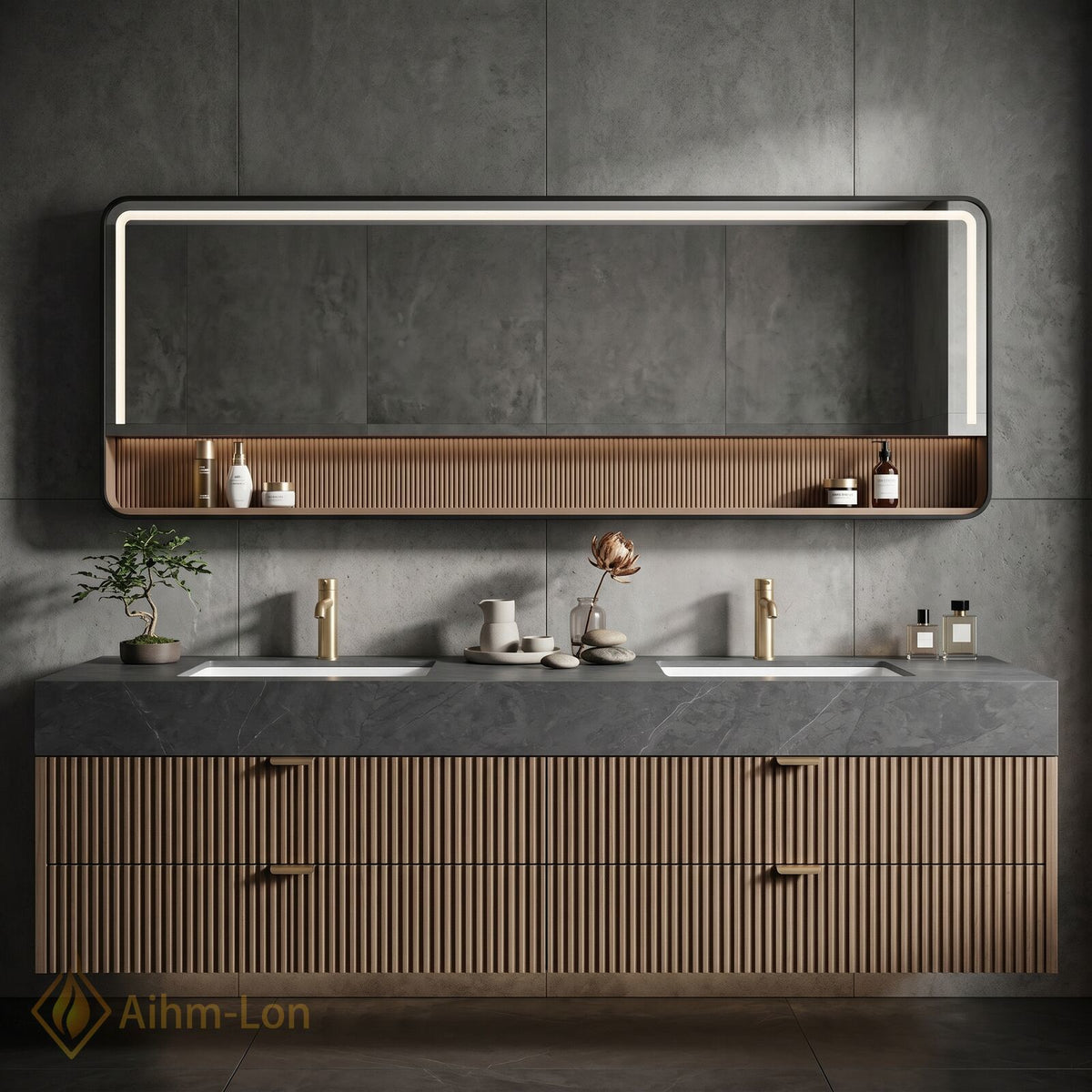 60''-96'' Double Bathroom Vanity with Sink Fluted Panel Doors Dark Stone Storage