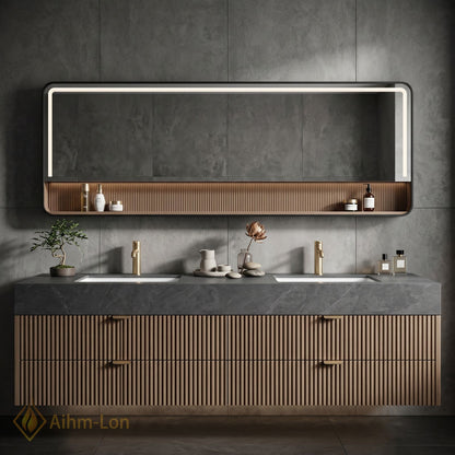 60''-96'' Double Bathroom Vanity with Sink Fluted Panel Doors Dark Stone Storage